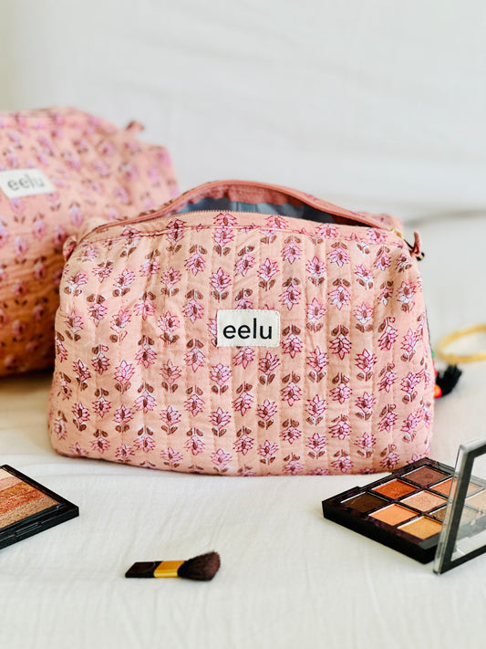Quilted Cotton Makeup Pouch | Handcrafted Travel Bag - Nude Pink