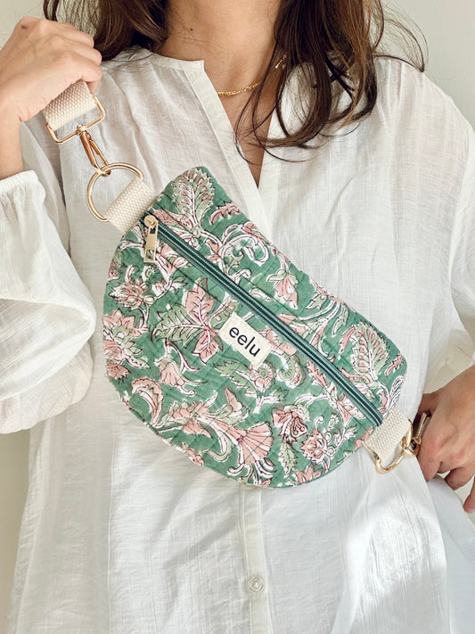 Leela Crossbody Bag – Handmade Green Floral Sling | Cotton Block Print
