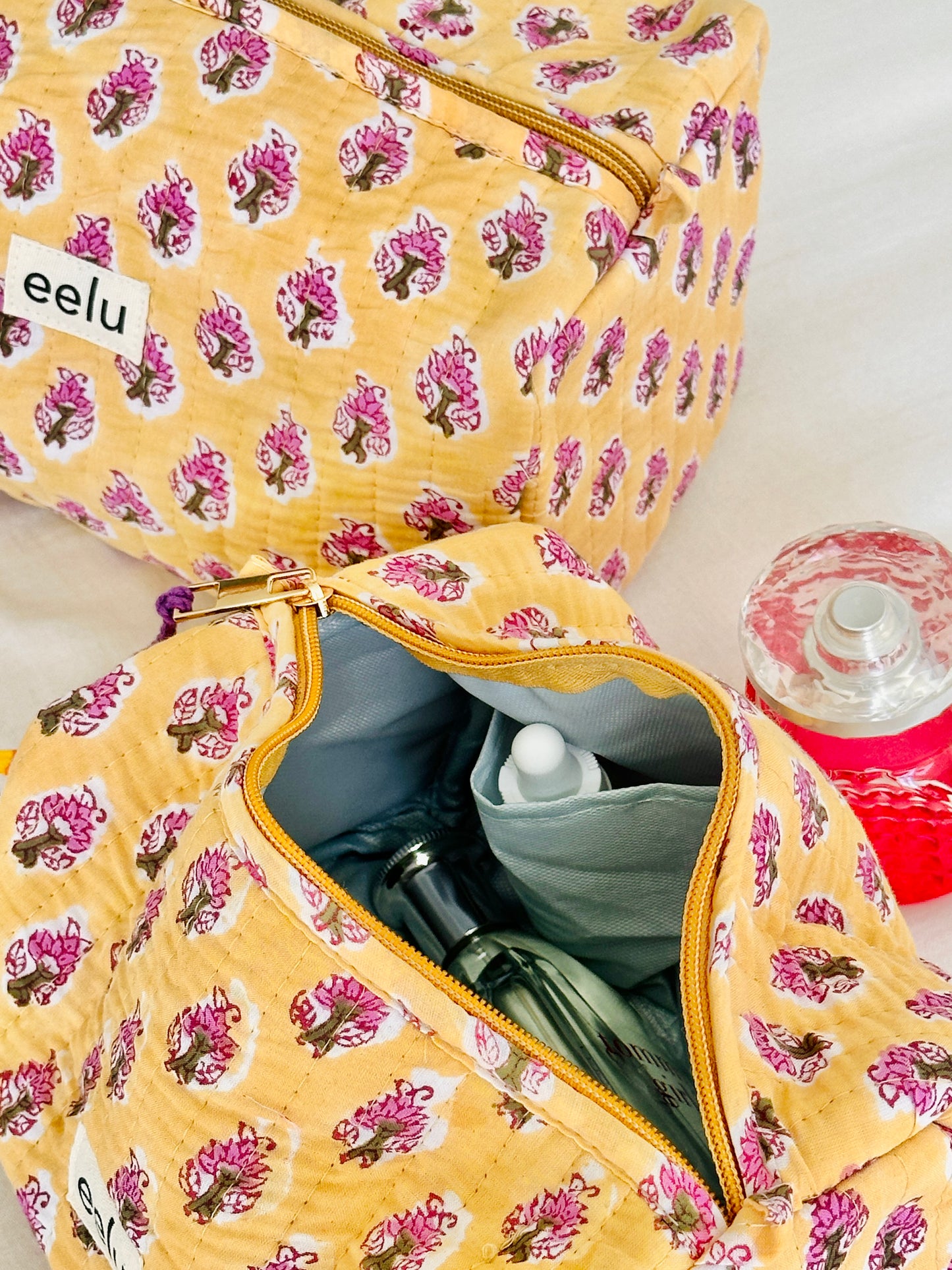 Quilted Cotton Makeup Pouch | Handcrafted Travel Bag - Lemon Yellow