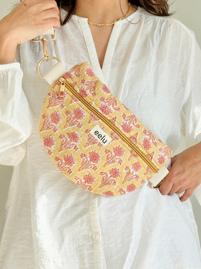 Surya Crossbody Bag – Handmade Yellow Floral Sling | Cotton Block Print