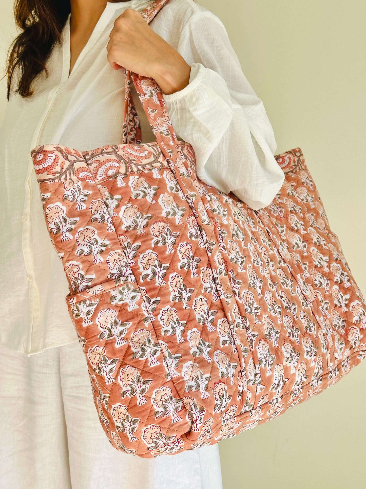 Reversible Quilted Cotton Tote - Hand-Printed Travel Bag | Nude Brown