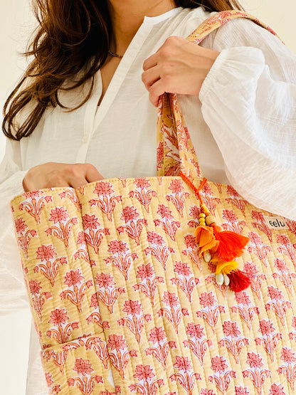 Surya Tote Bag – Reversible Quilted Cotton Tote | Hand-Printed Travel Bag