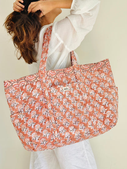 Reversible Quilted Cotton Tote - Hand-Printed Travel Bag | Nude Brown