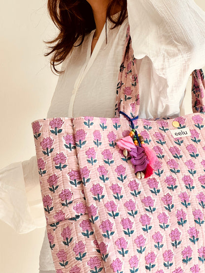 Kamal Tote Bag – Reversible Quilted Cotton Tote | Hand-Printed Travel Bag