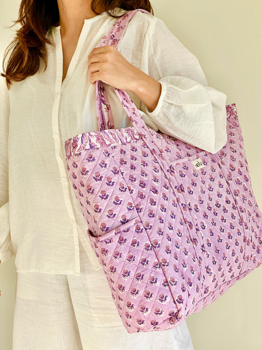 Reversible Quilted Cotton Tote - Hand-Printed Travel Bag | Lilac Mist
