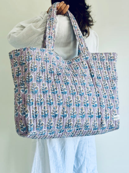Saraa Tote Bag – Reversible Quilted Cotton Tote | Hand-Printed Travel Bag
