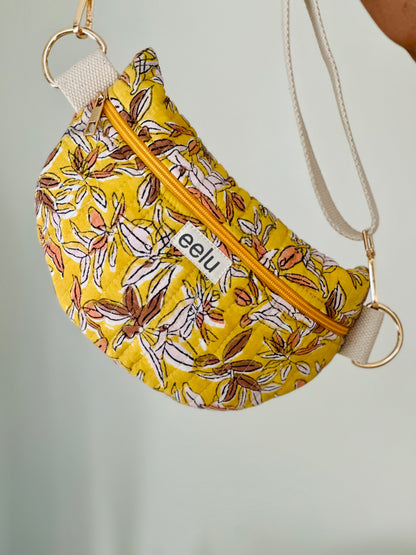 Mukhi Crossbody Bag – Handmade Yellow Floral Sling | Cotton Block Print