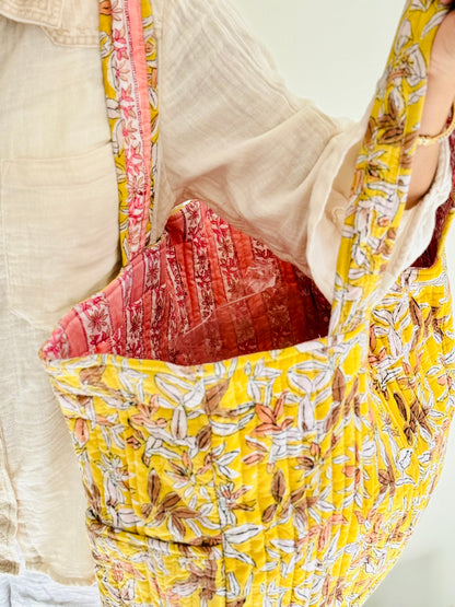 Mukhi Tote Bag – Reversible Quilted Cotton Tote | Hand-Printed Travel Bag