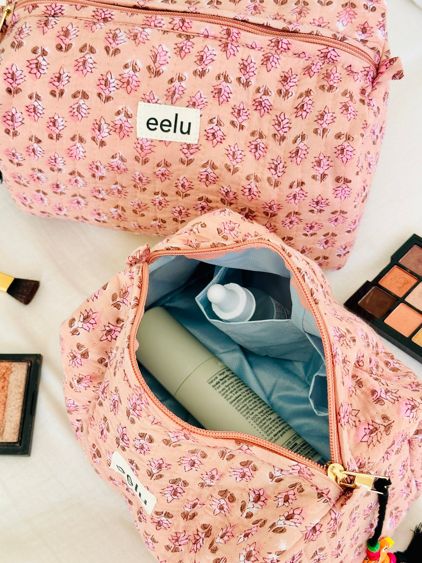 Quilted Cotton Makeup Pouch | Handcrafted Travel Bag - Nude Pink