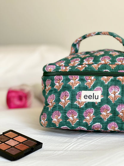 Quilted Vanity Case | Handprinted Travel Organiser - Emerald Green