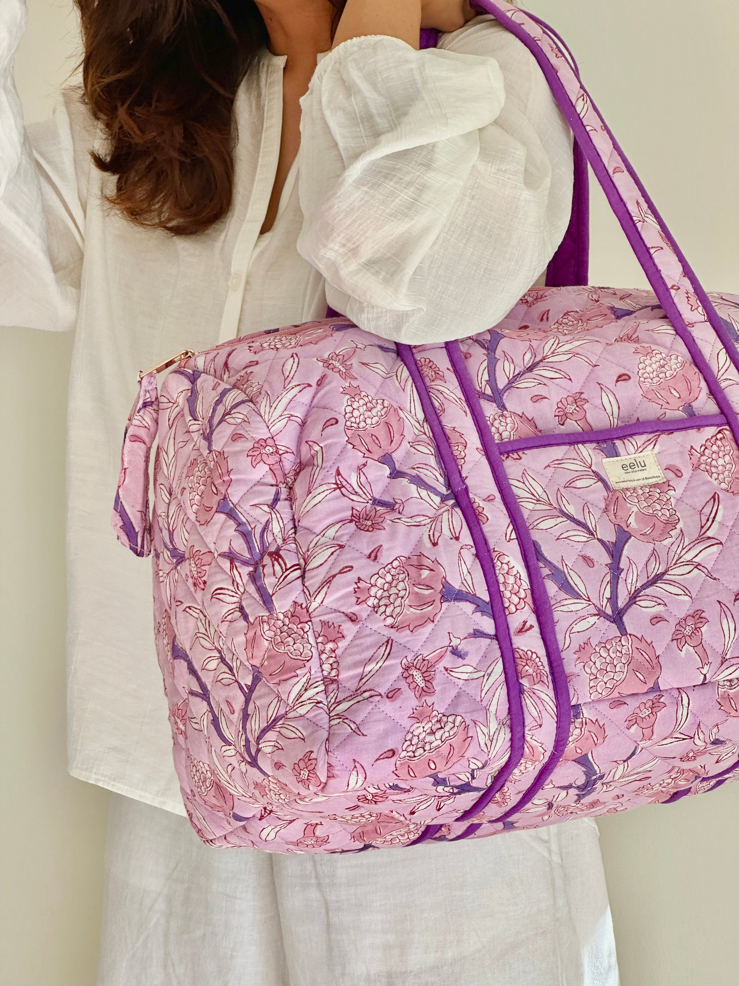 Quilted Cotton Overnight Travel Bag | Lilac Mist