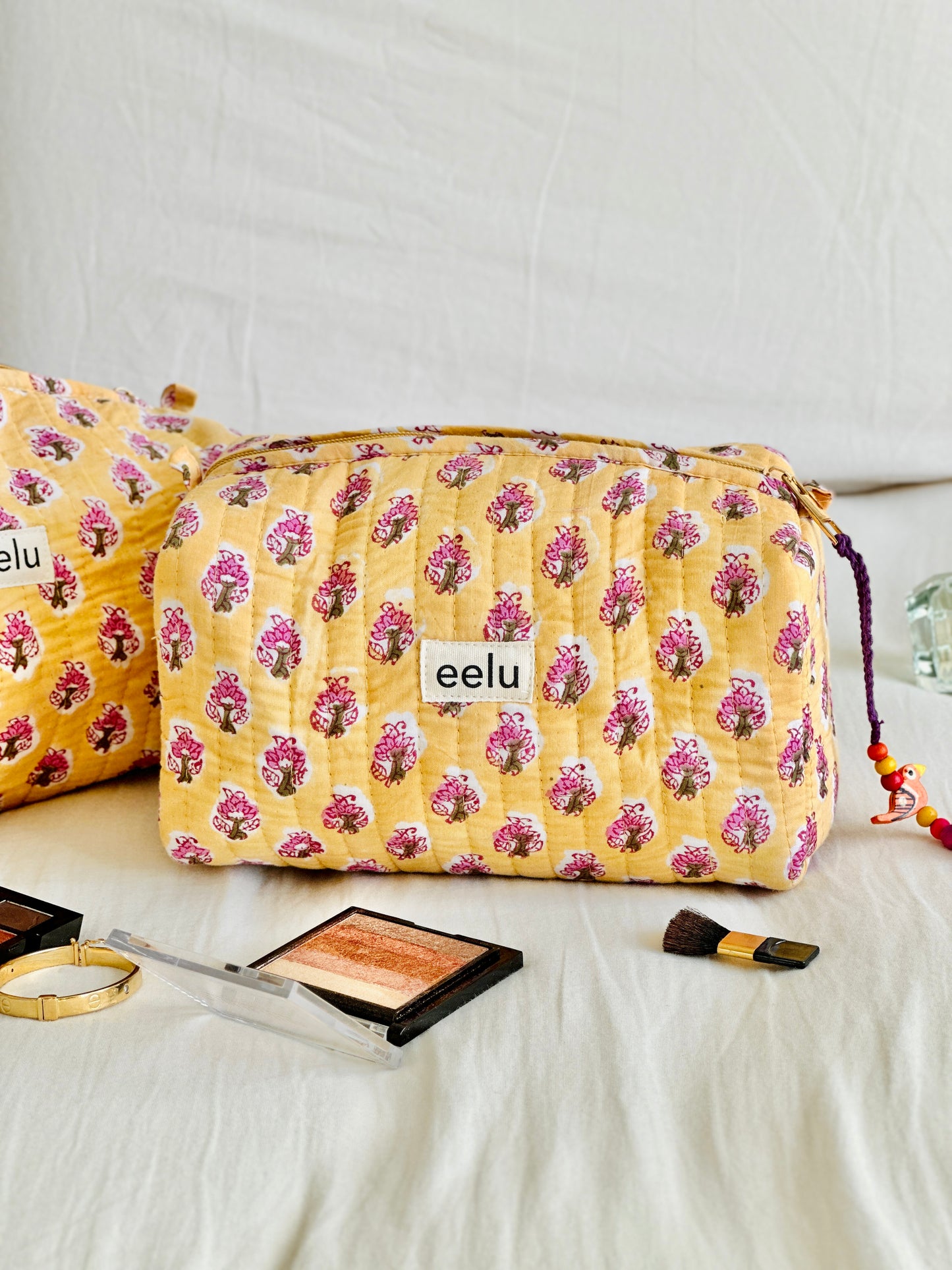 Quilted Cotton Makeup Pouch | Handcrafted Travel Bag - Lemon Yellow