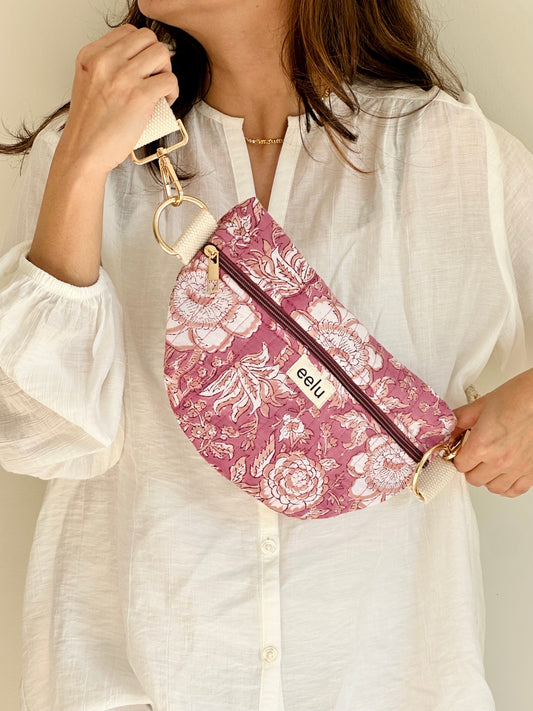 Indira Crossbody Bag – Handmade Magenta Floral Sling | Cotton Block Print