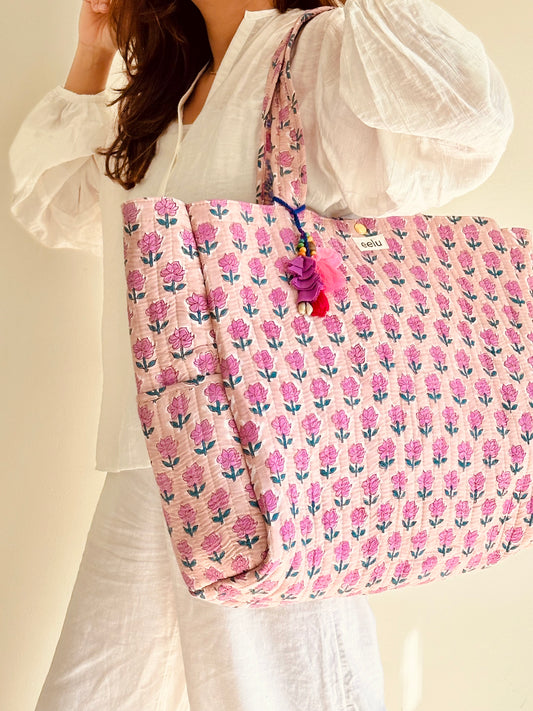 Kamal Tote Bag – Reversible Quilted Cotton Tote | Hand-Printed Travel Bag