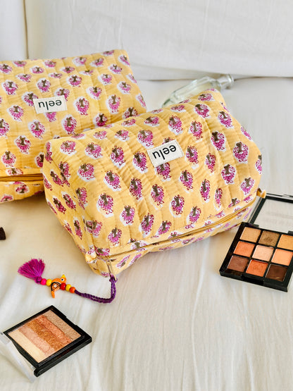 Quilted Cotton Makeup Pouch | Handcrafted Travel Bag - Lemon Yellow