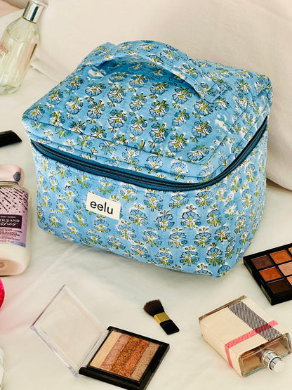Quilted Vanity Case | Handprinted Travel Organiser - Sky Blue