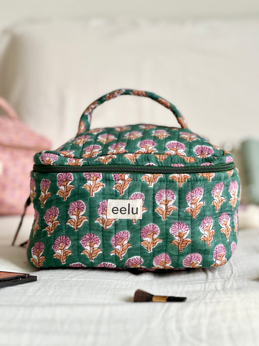 Quilted Vanity Case | Handprinted Travel Organiser - Emerald Green