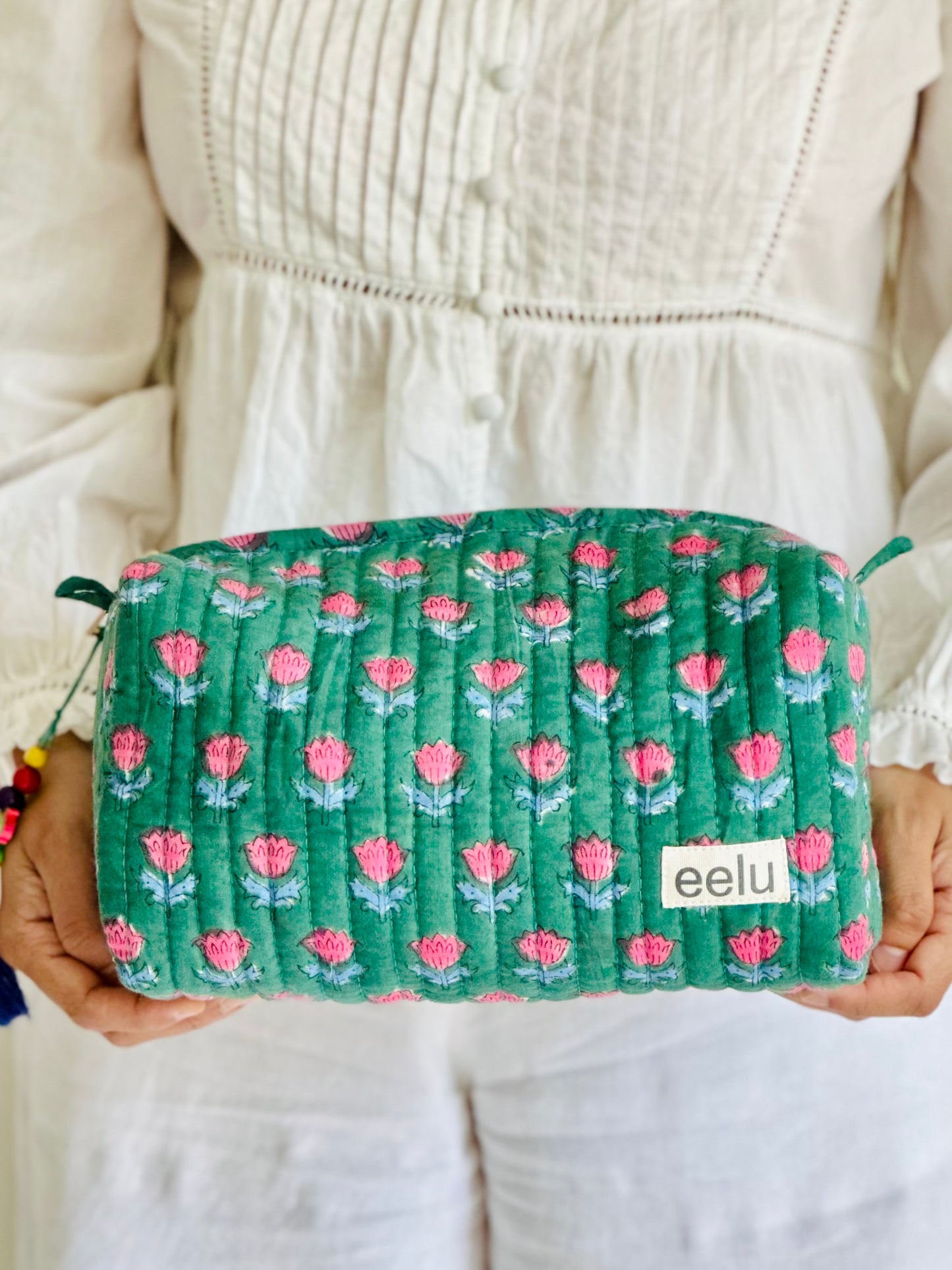 Ahana Quilted Makeup Pouch – Handcrafted Cotton Travel Bag | Small & Large