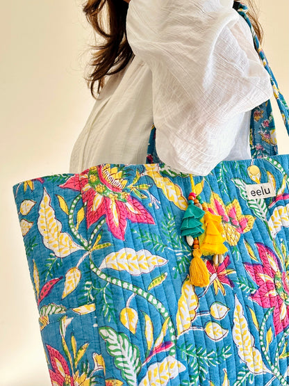 Nilya Tote Bag – Reversible Quilted Cotton Tote | Hand-Printed Travel Bag