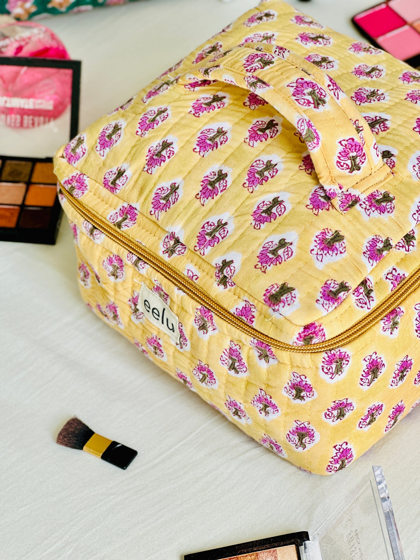 Quilted Vanity Case | Handprinted Travel Organiser - Lemon Yellow