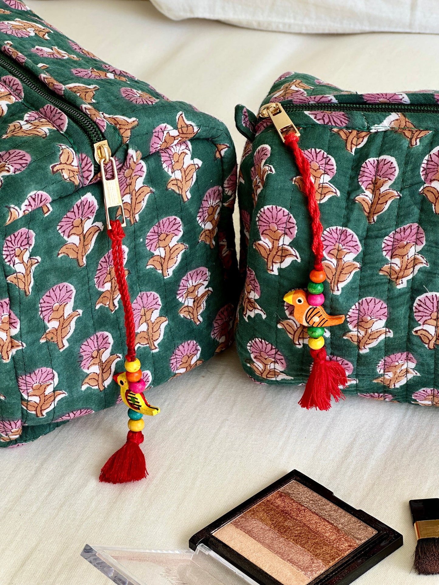 Quilted Cotton Makeup Pouch | Handcrafted Travel Bag - Emerald Green