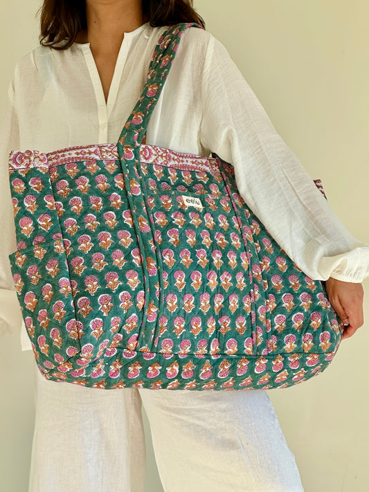 Reversible Quilted Cotton Tote - Hand-Printed Travel Bag | Emerald Green