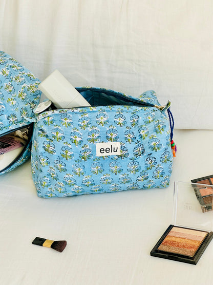 Quilted Cotton Makeup Pouch | Handcrafted Travel Bag - Sky Blue