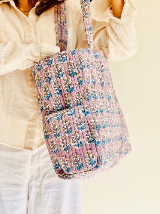 Saraa Tote Bag – Reversible Quilted Cotton Tote | Hand-Printed Travel Bag