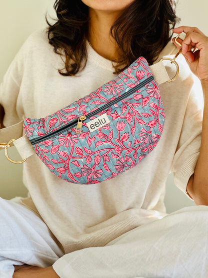 Siya Crossbody Bag – Handmade Grey Floral Sling | Cotton Block Print